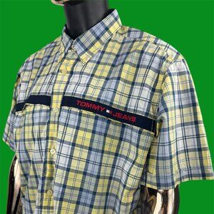 VTG Tommy Jeans Plaid Short-Sleeve Button-Up Shirt w/ Logo Chest Strap & Velcro